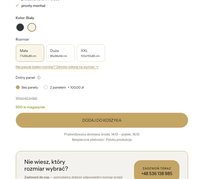 Wybór koloru i rozmiaru osłony na karcie produktu