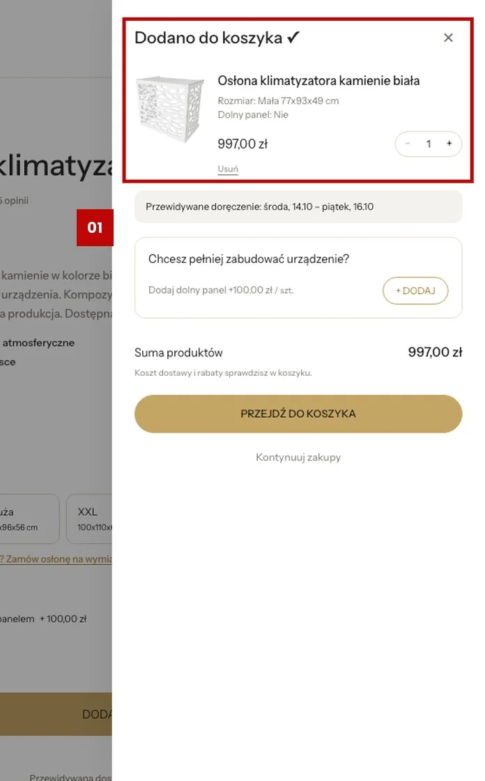 Boczny koszyk ClimCover z oznaczeniem 01: potwierdzenie dodania produktu