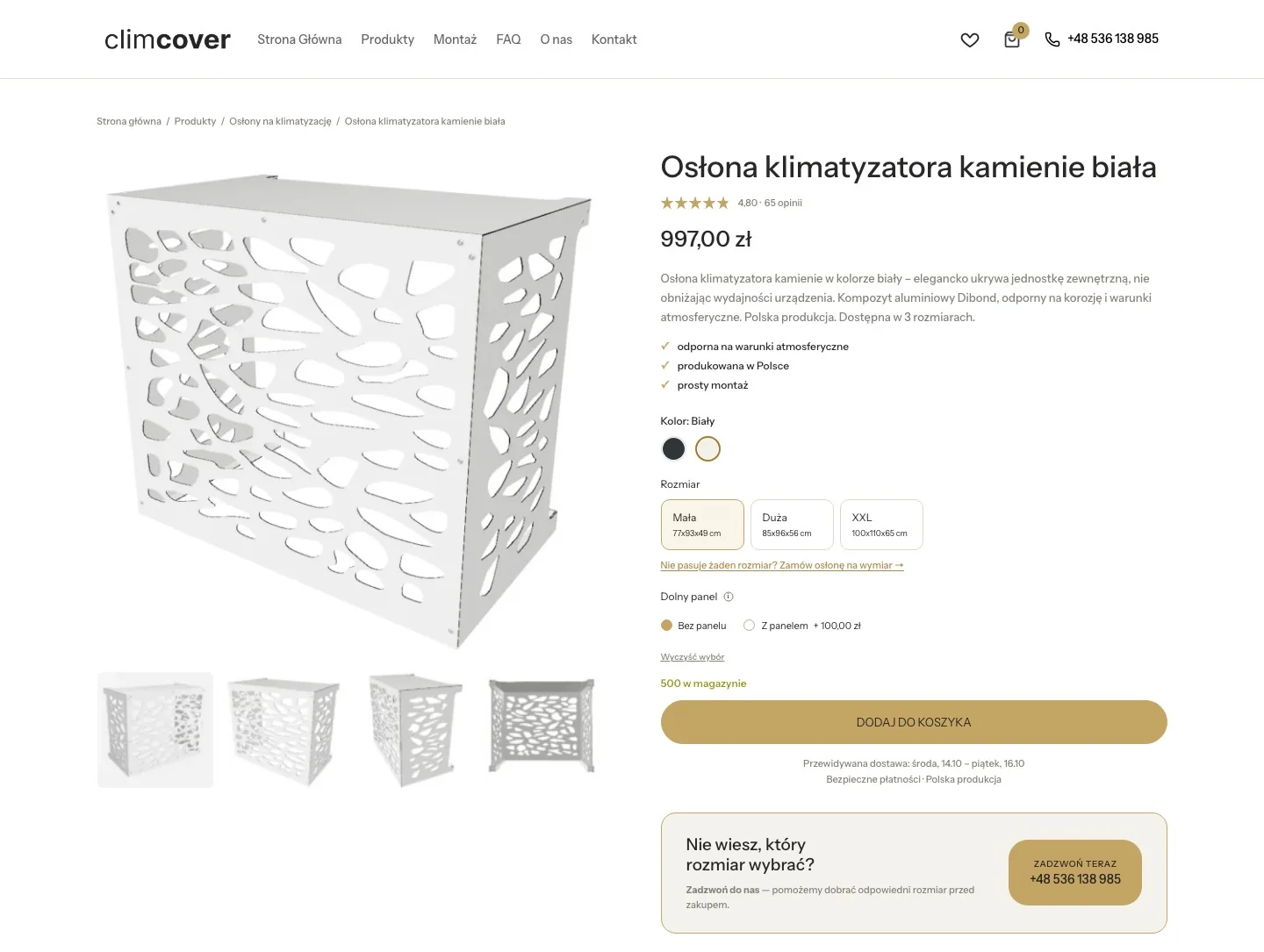 Karta produktu ClimCover po redesignie, z rozmiarami i kolorami