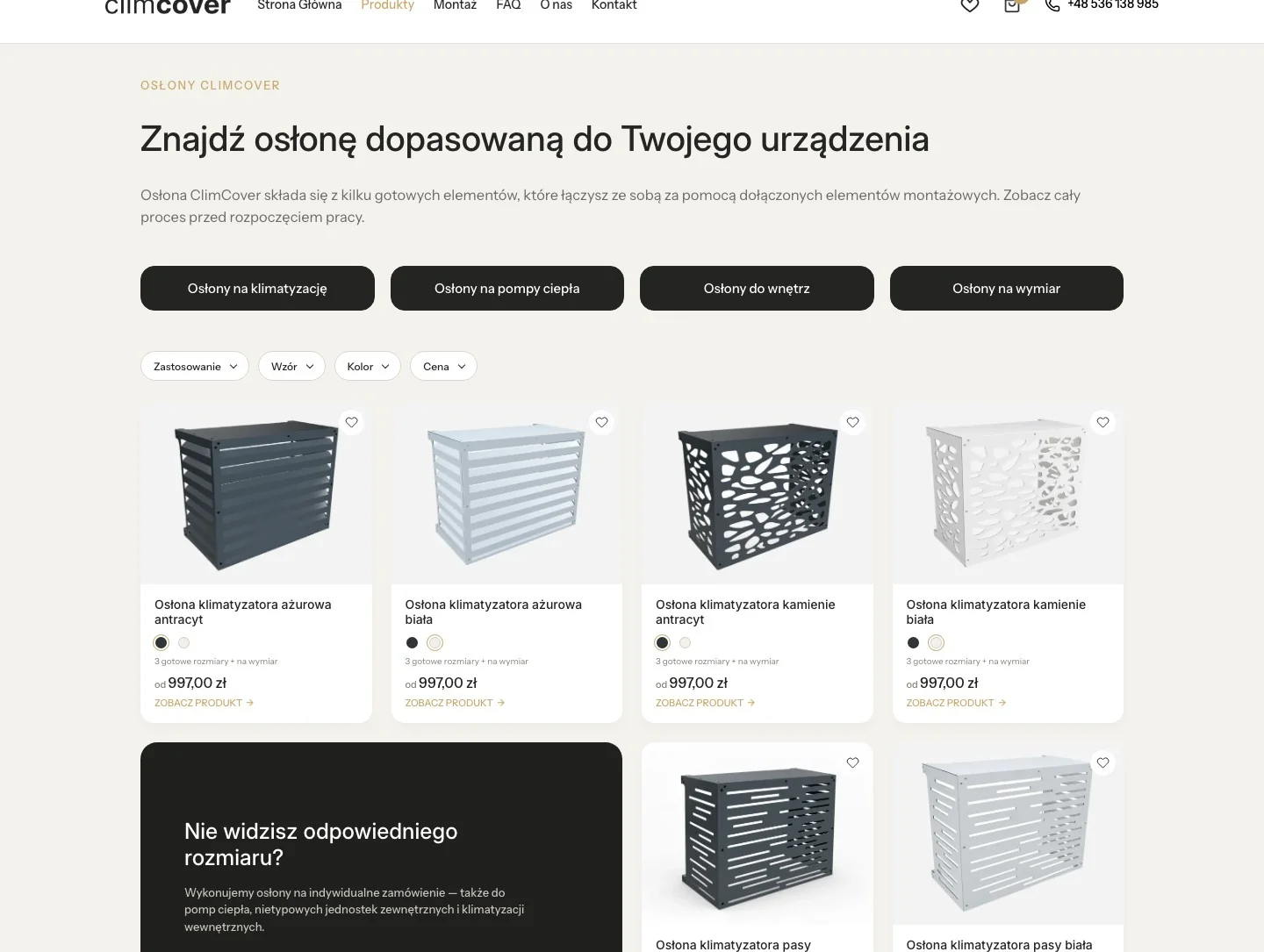 Katalog produktów ClimCover po redesignie, z filtrami
