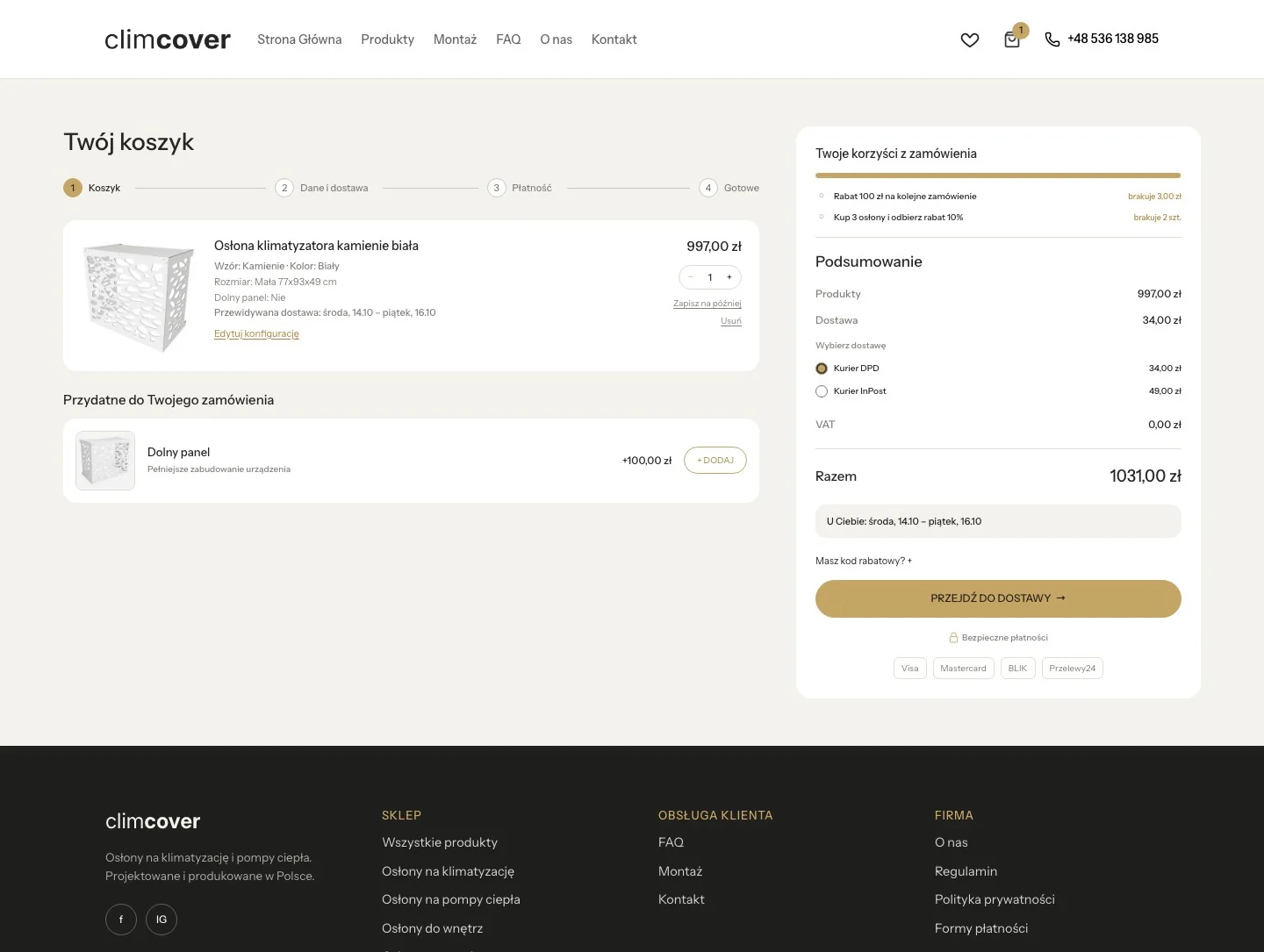 Koszyk ClimCover po redesignie, z panelem podsumowania