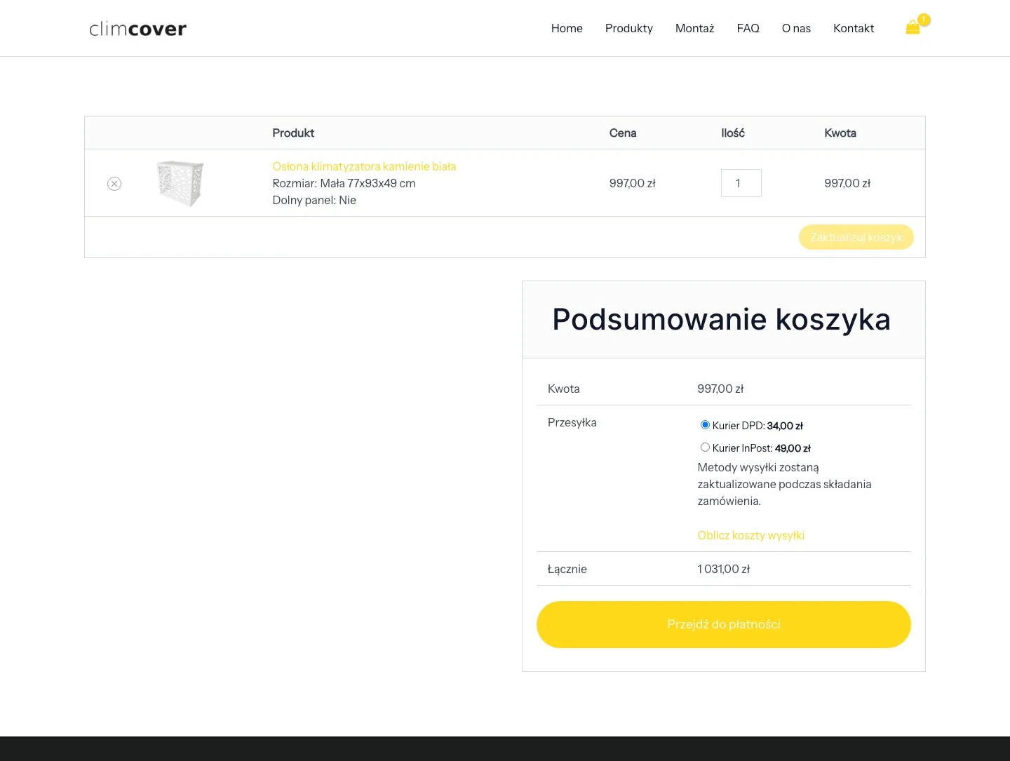 Koszyk ClimCover przed redesignem, z tabelą produktów