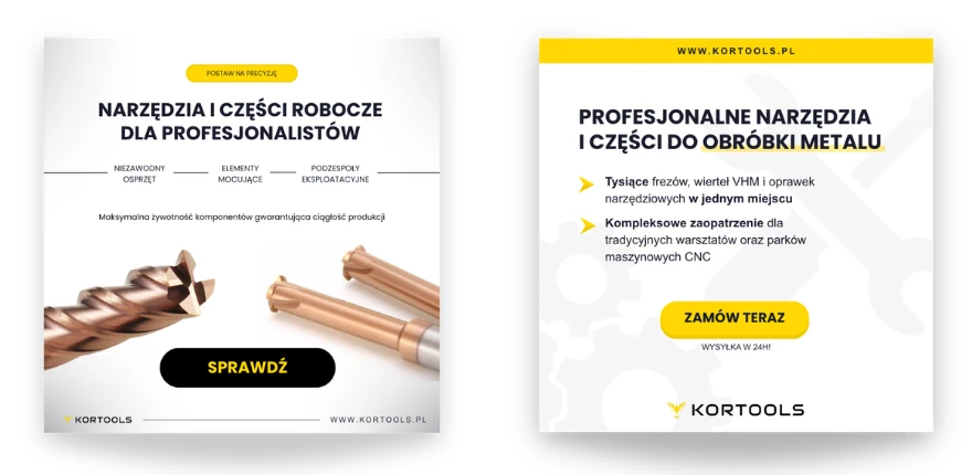 Grafiki reklamowe kortools.pl na Facebooka i Instagram: narzędzia i części robocze dla profesjonalistów