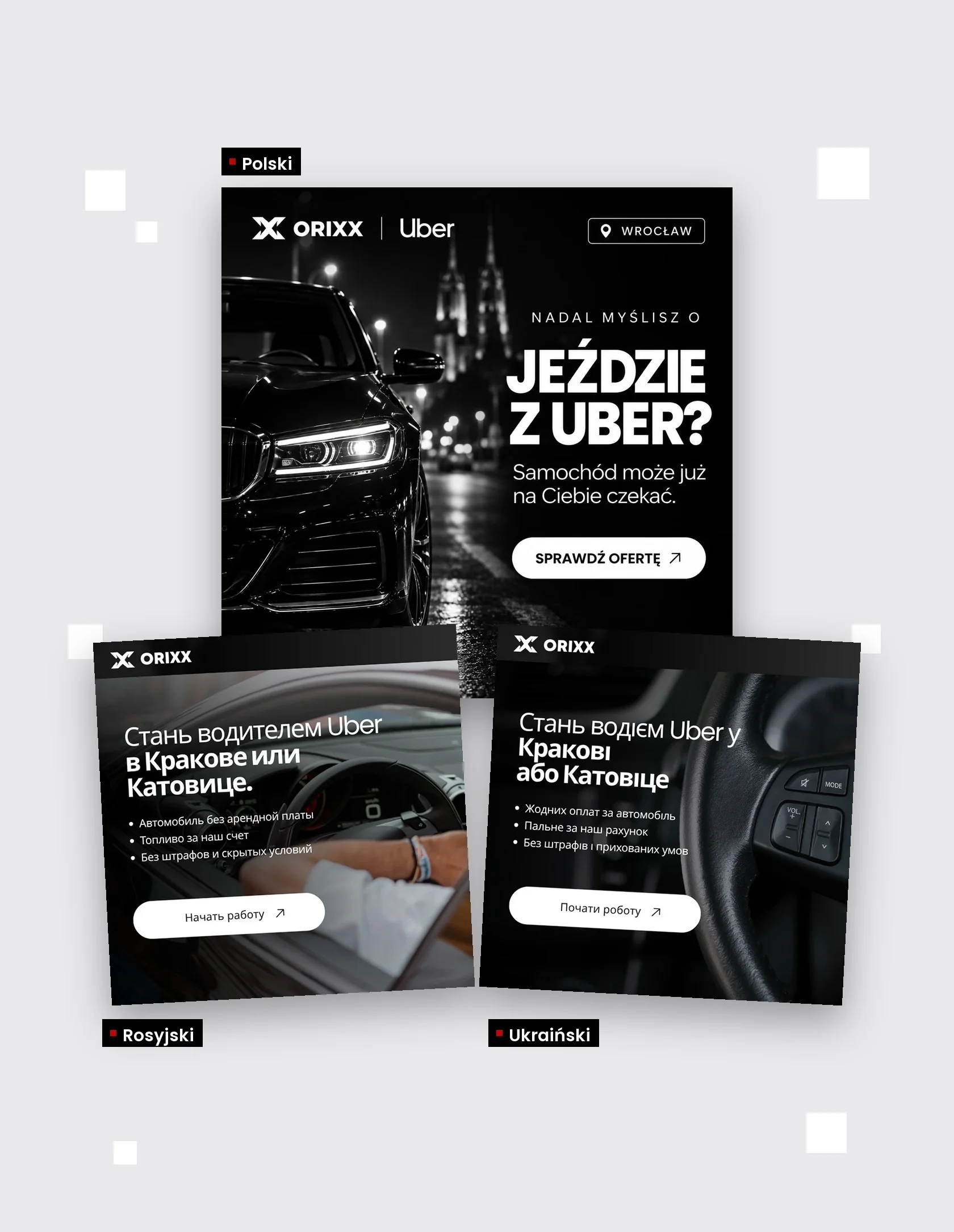 Grafiki reklamowe Orixx Taxi w wersjach polskiej, rosyjskiej i ukraińskiej