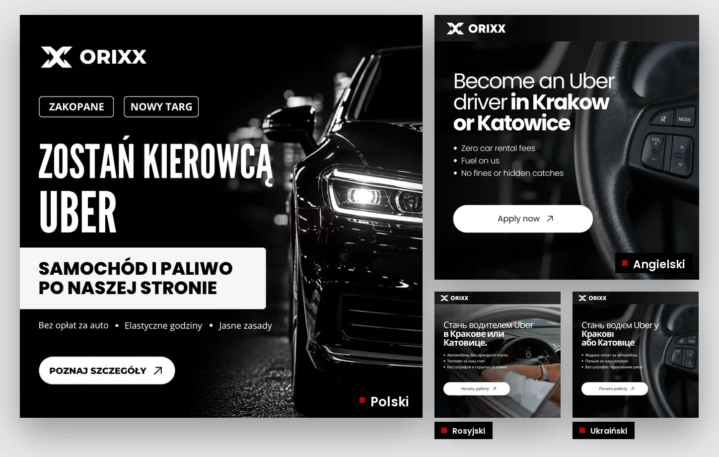 Kreacje Orixx Taxi w wersjach polskiej, angielskiej, rosyjskiej i ukraińskiej