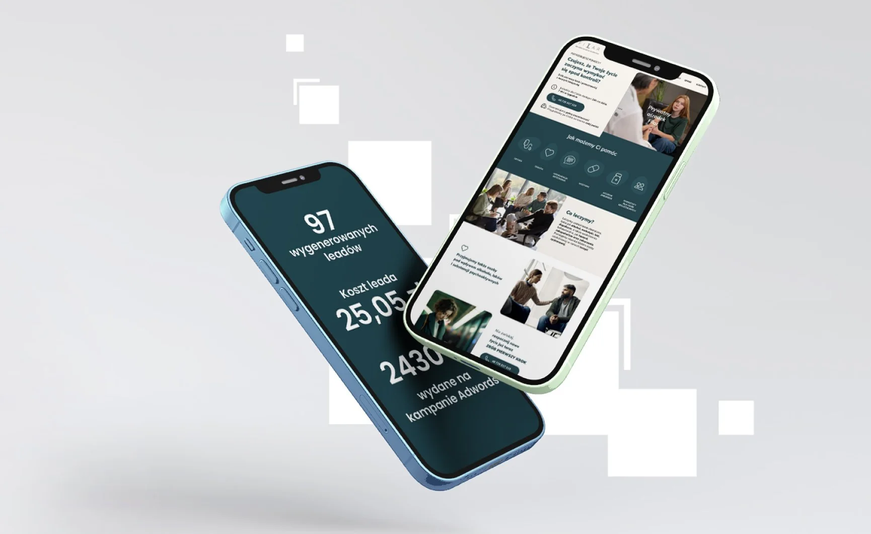 Landing page Ośrodka Filar na dwóch smartfonach oraz wynik kampanii: 97 leadów w trzecim miesiącu, koszt leada 25,05 zł