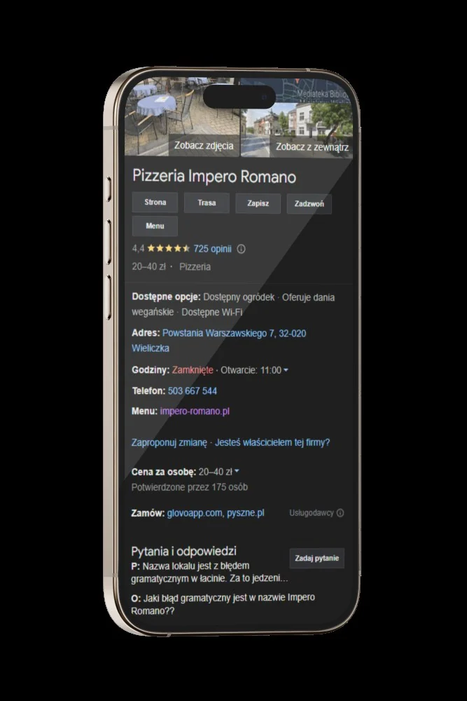Wizytówka Google pizzerii Impero Romano na telefonie
