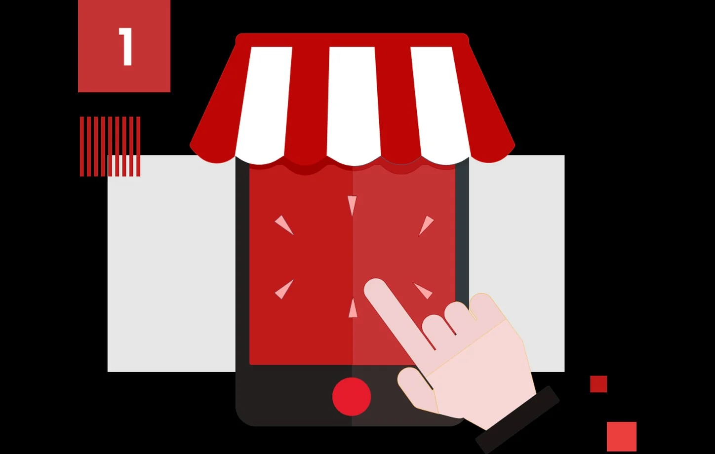 Ilustracja zamawiania online: dłoń wybierająca lokal na ekranie telefonu