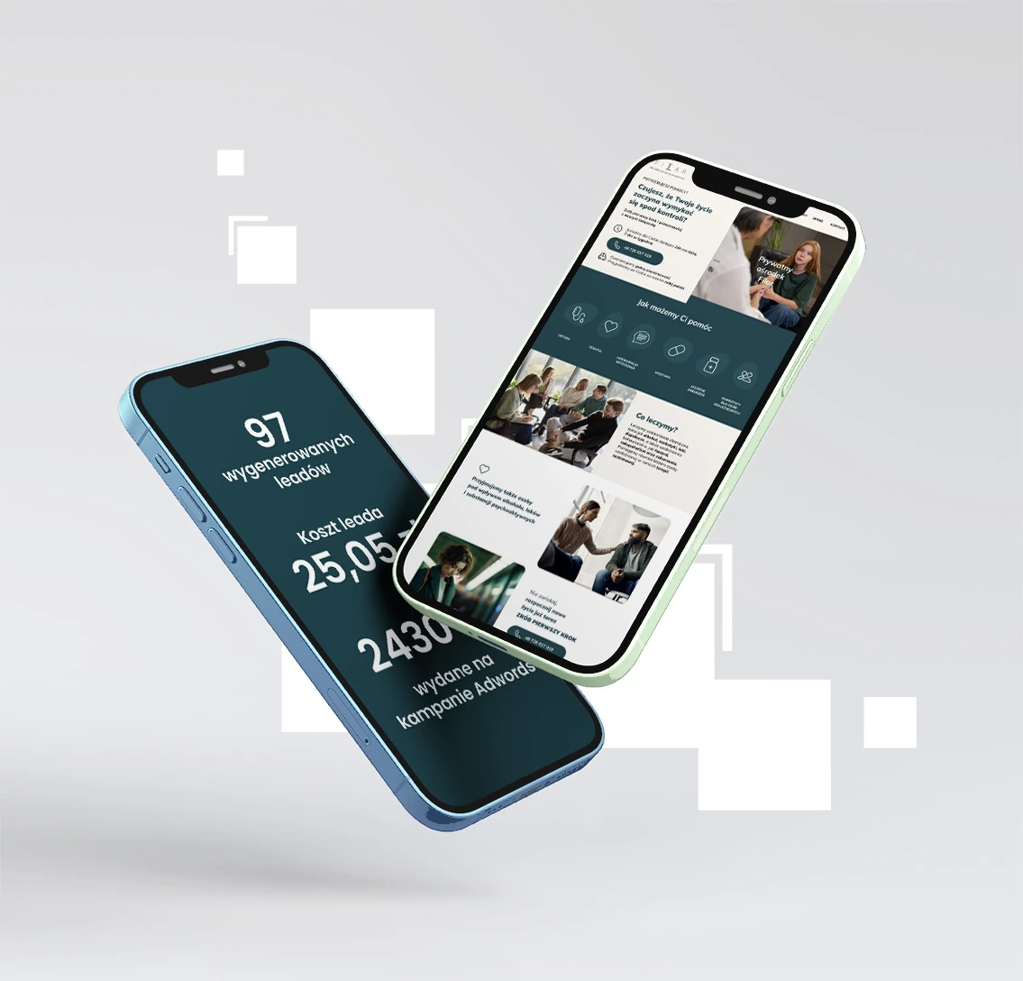 Landing page Ośrodka Filar i wyniki kampanii na dwóch smartfonach