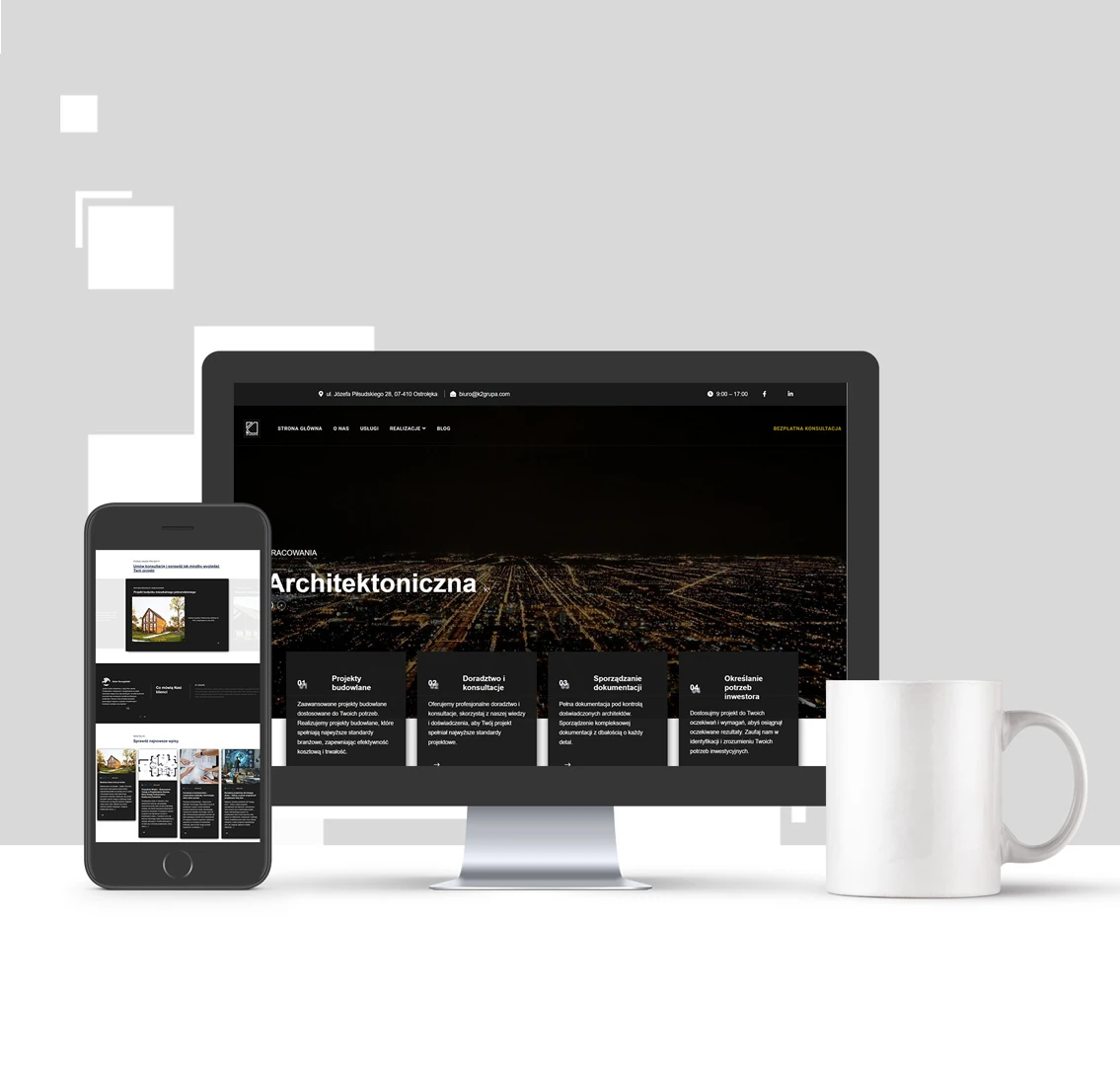 Strona biura architektonicznego K2 Grupa na monitorze i smartfonie
