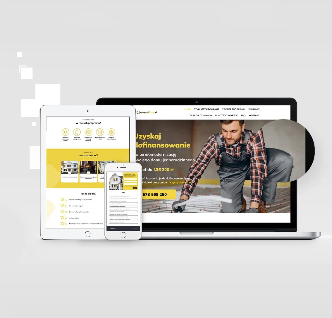 Landing page otrzymajdotacje.pl na laptopie, tablecie i telefonie