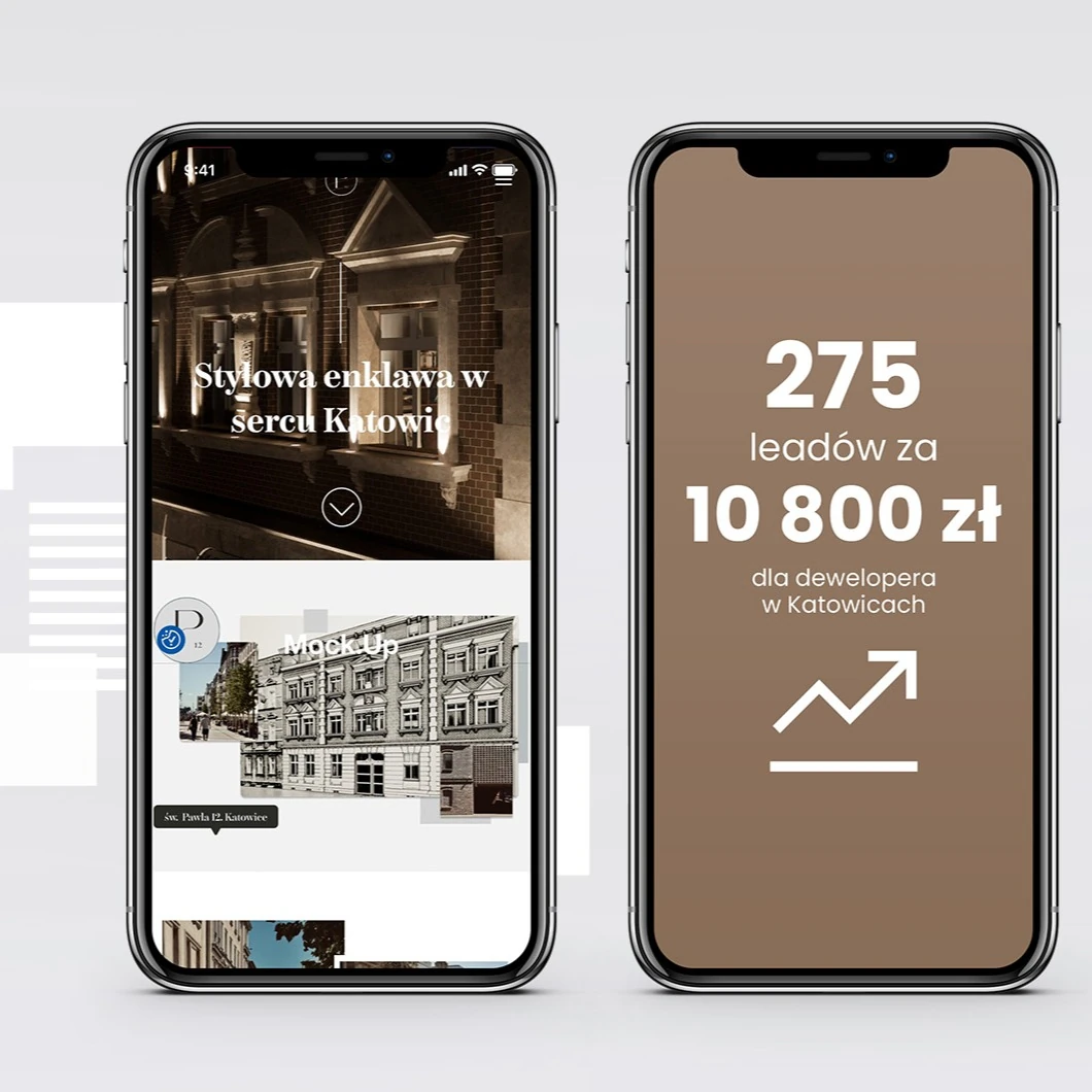 Strona inwestycji Pawła 12 i wynik kampanii Meta Ads na dwóch smartfonach