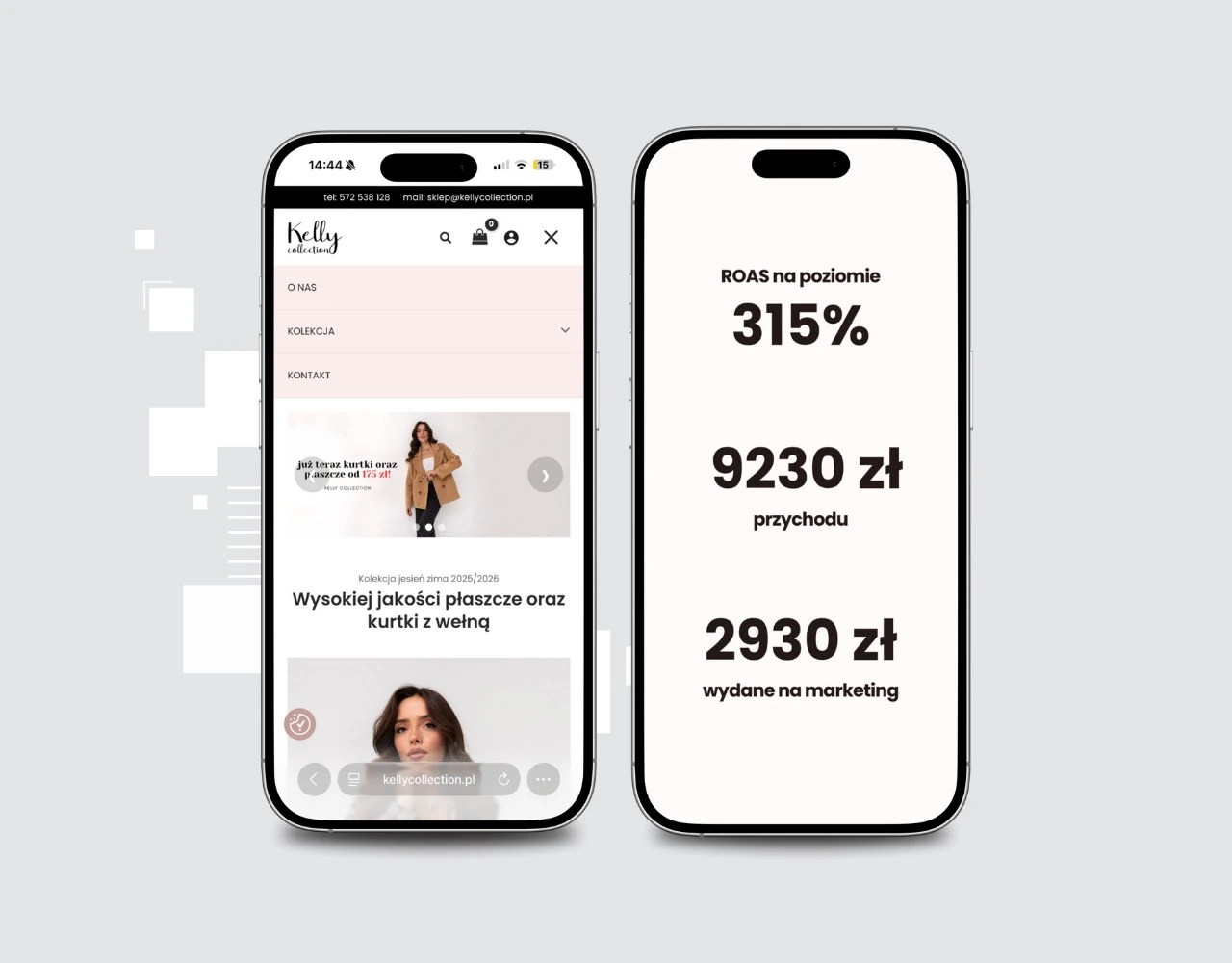 Sklep Kelly Collection i wyniki kampanii Meta Ads na dwóch smartfonach